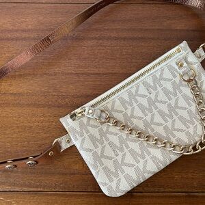 Michael Kors Cream and Brown Clutch with Chain Detail Waist Bag